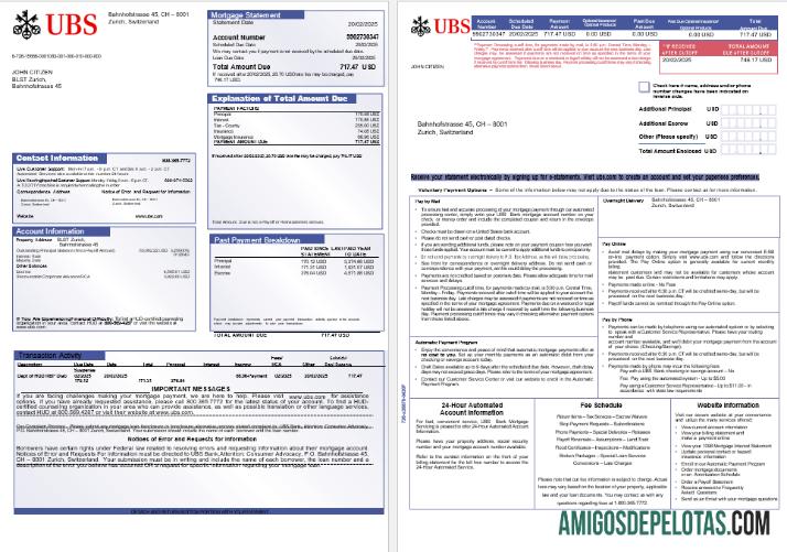 Extrato de hipoteca do Swiss UBS Bank em formatos Word e PDF, 3 páginas 1 2 exemplo real